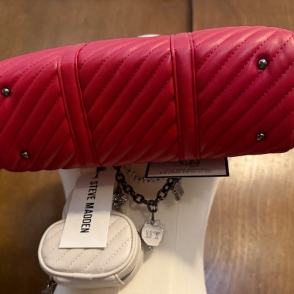 Steve Madden Bmikey Satchel Bag Red Quilted Faux Leather Charms & Mini! - Picture 3 of 5
